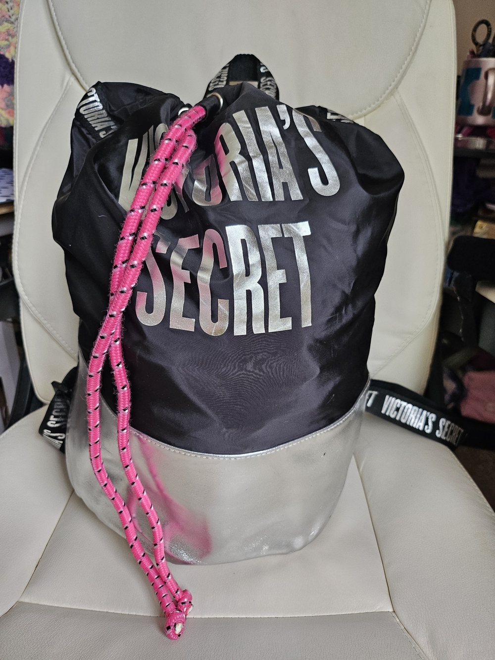 Victoria's Secret Black & Silver Drawstring Backpack